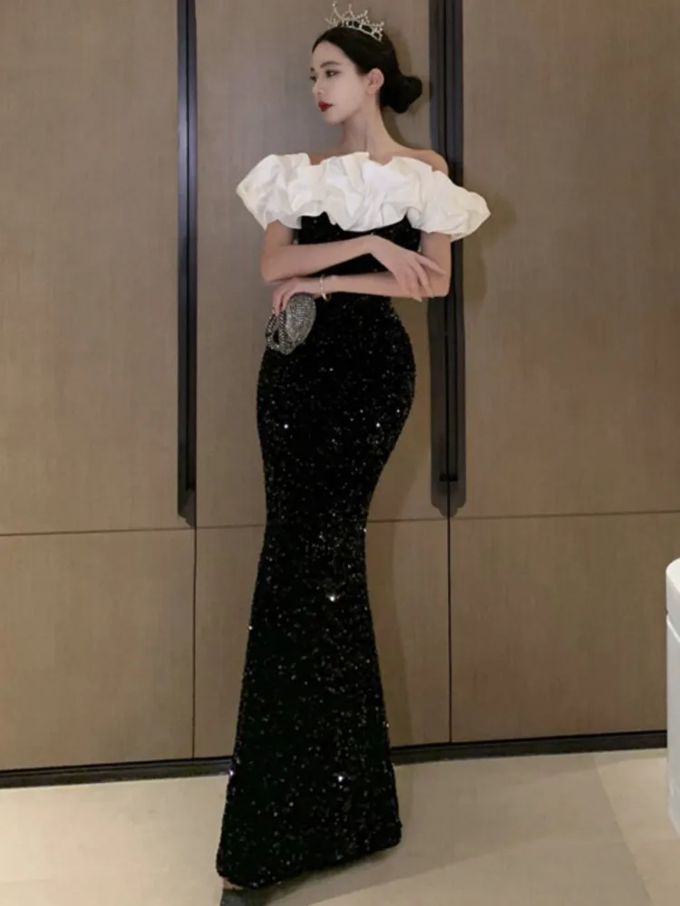 

Women's Elegant Sequined Evening Long Dresses Bodycon Velvet Patchwork Slim Party Dress Sexy Slim Black Prom Robe Vestidos Mujer