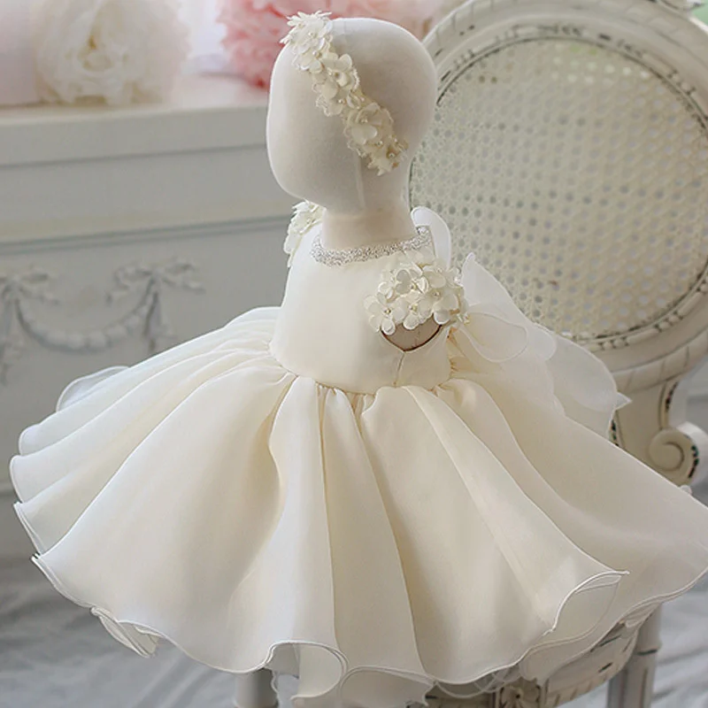 Vestido blanco de flores para niña, para boda, tul, apliques hinchados, cuentas, actuación de Piano, vestidos de baile, vestidos formales para fiesta de cumpleaños