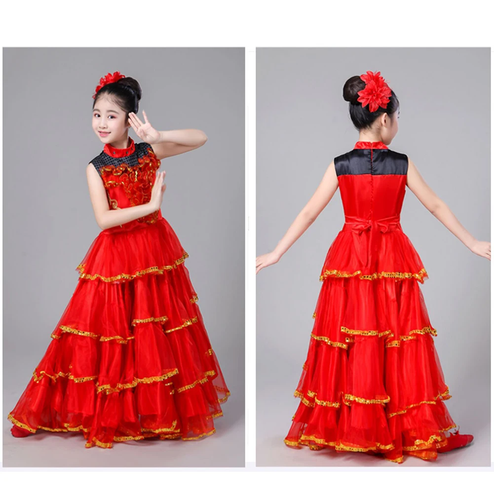 LOlanta Kids Girls Red Belly Dance Dress Spanish Flamenco Costume Toddler Carnival Stage Performance Clothes 3-12 Years