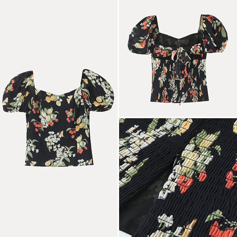 

Retro Floral Print ort Sve Elastic Bubble Sve Women's Top Sweet Sle Polyester Fiber 2025 Summer New Arrival