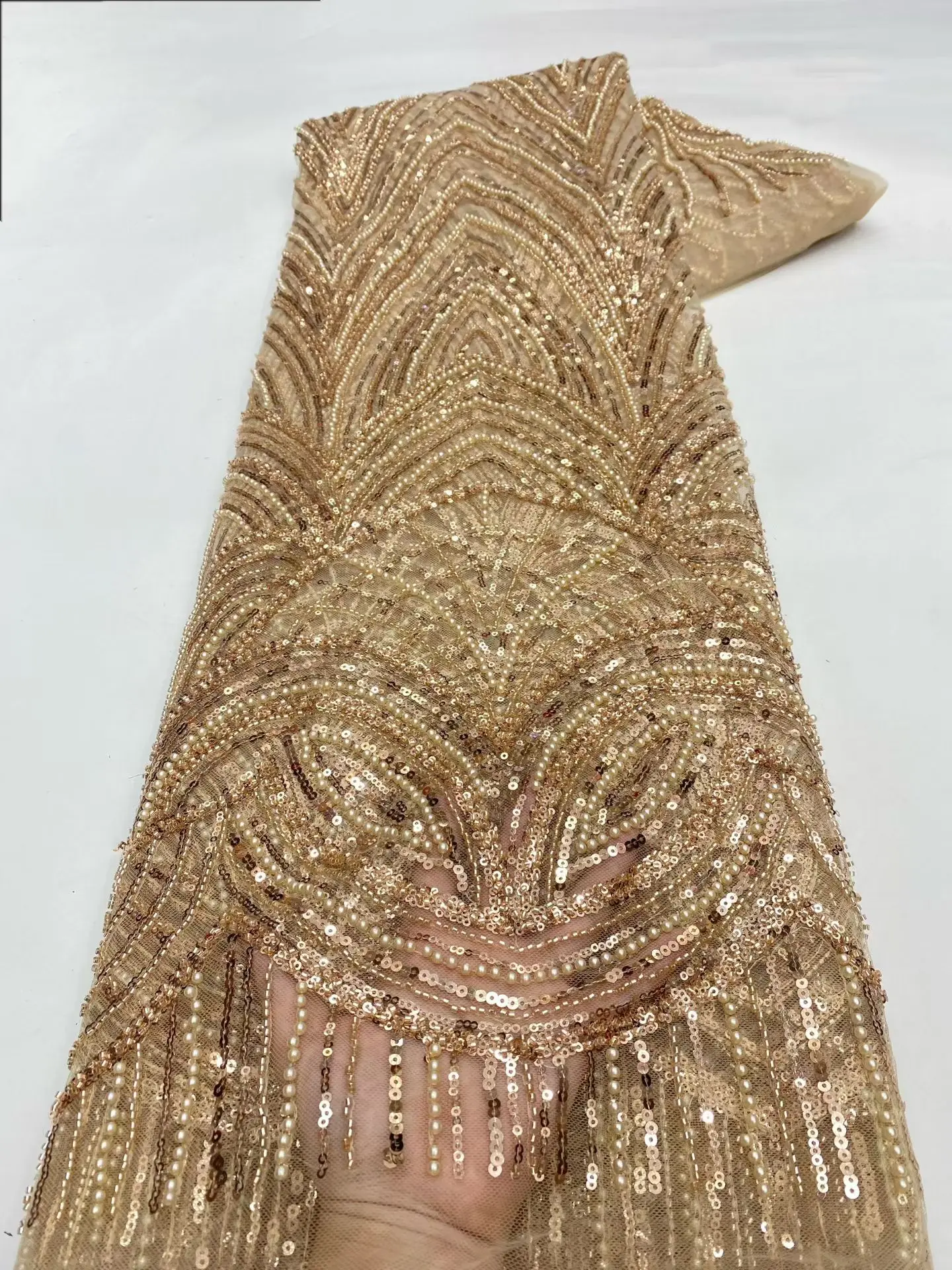 Luxury Red African Beaded Mesh Lace Fabric Embroidery Sequins French Tulle Lace For Nigerian Wedding Party Dress 5 Yards view 6