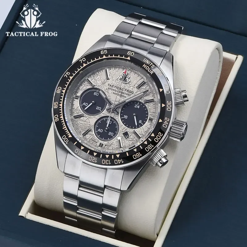 Tactical Frog Herren-Business-Taucheruhr VS75B Quarz-Chronograph 316L Stahl Saphir 200 m wasserdicht C3 leuchtende Herrenuhr