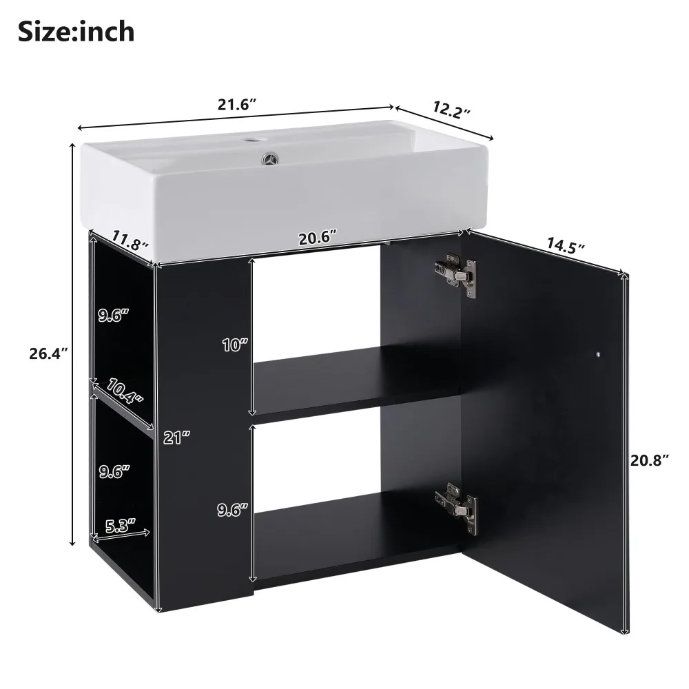 20 Bathroom Vanity Sink Combo, Wall Mounted Cabinet Sink Set with Ceramic Basin for Small Space, Undermount Sink