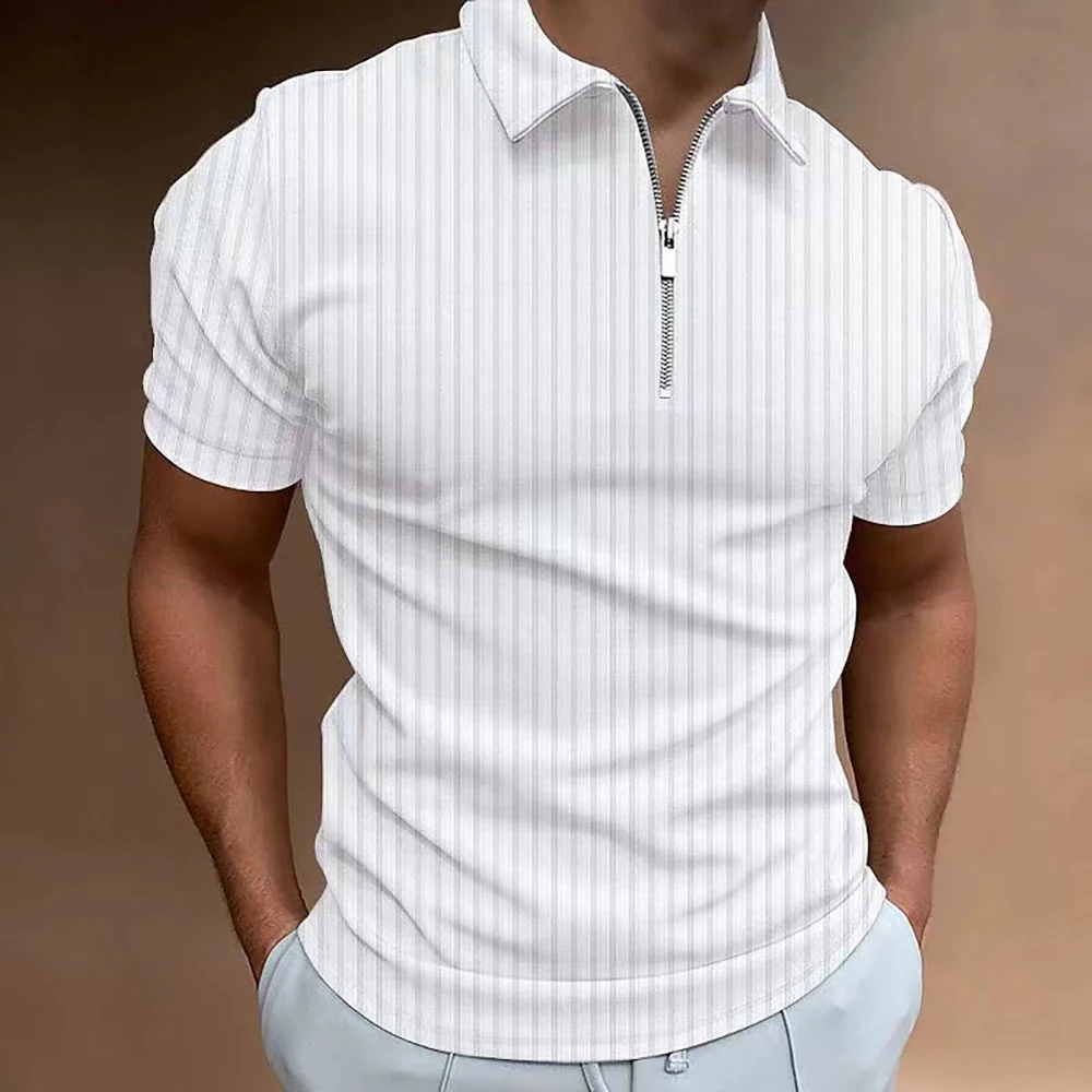 Men Striped Golf Shirt with Quarter Zipper Lapel Casual Holiday Short Sleeved T-shirt Fashionable Basic Style Regular Fit Shirt