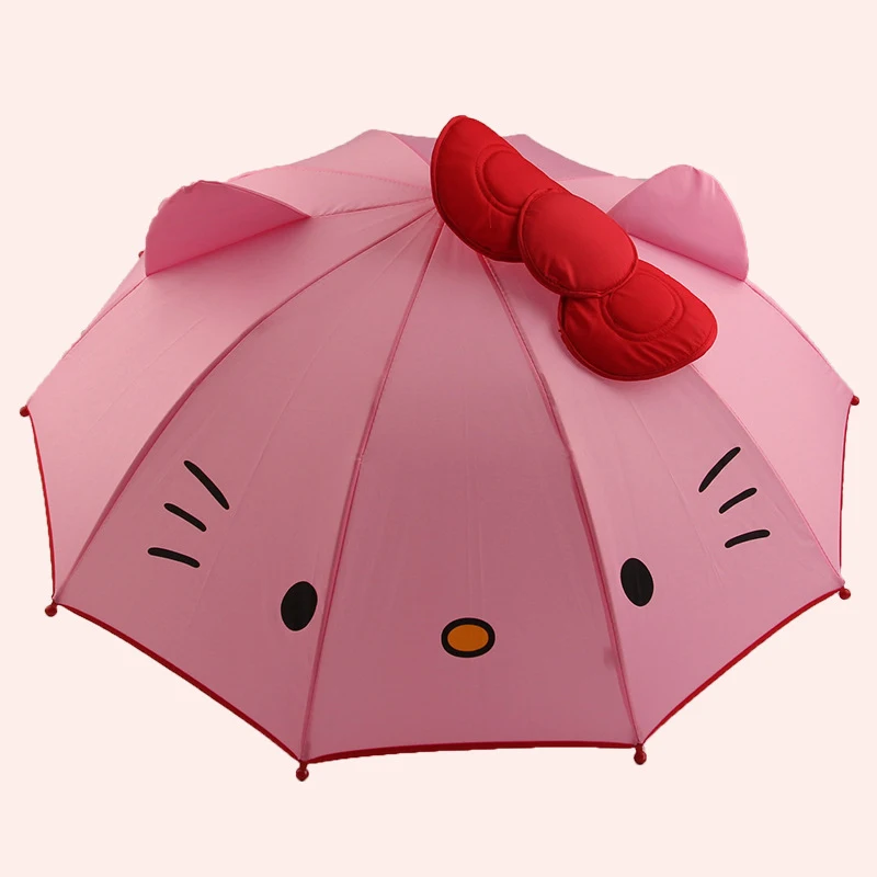 Sanrioed Hellokittys Cartoon Kawaii Mini Umbrella Female Summer Kids Folding Three-Dimensional Ear Long Handle Birthday Gift