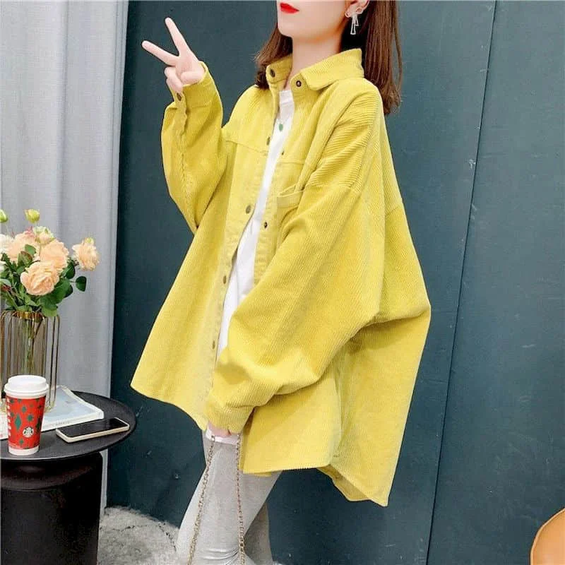 

Corduroy Shirts for Women Vintage Polo-neck Oversized Long Sleeve Cardigan Casual Korean Style Single Breasted Blouse Women Tops