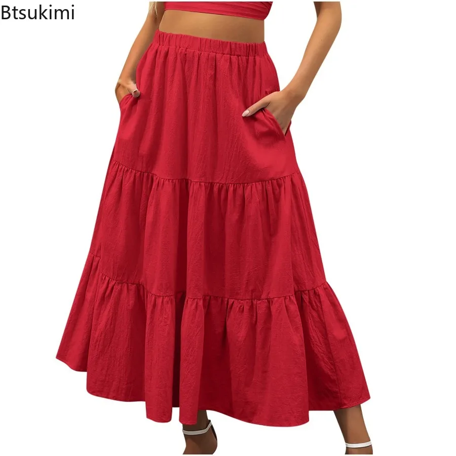 

New 2025 Summer Women's Bohemian A- Line Skirt Solid Color with Pocket Elegant Layered Long Length Waist-Length Skirts for Women