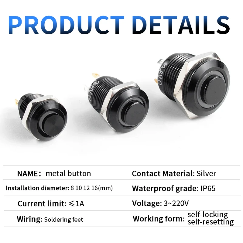 1NO عالية رئيس مقاوم للماء مفتاح بـزر دفع معدني مصباح ليد الذاتي قفل/إعادة تعيين 3/6/12/24/220 فولت 8/10/12/16 مللي متر المؤكسد الأسود ZiiZ
