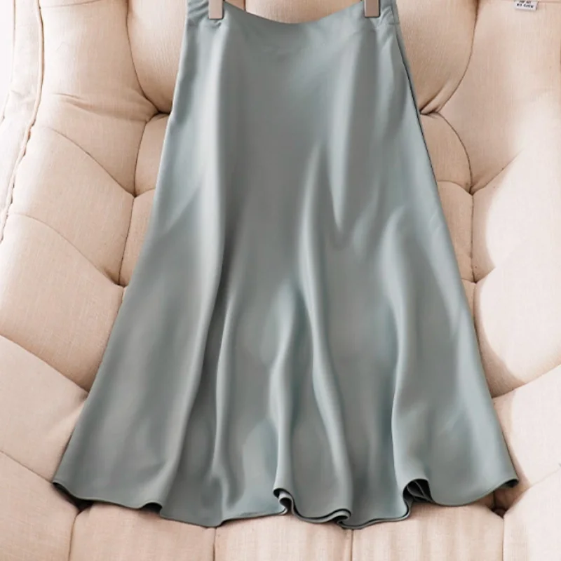 

Женские атласные юбки-миди с высокой талией, простая элегантная длинная юбка, офисная леди в Англии, лето, 2025 г.