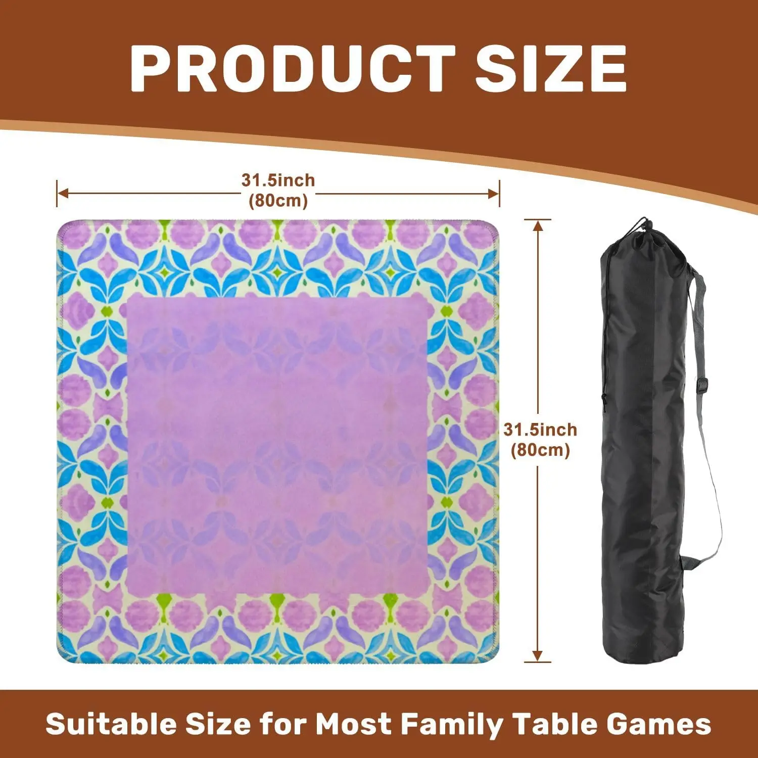 Neoprene Luxury 3mm 31.5 Inch Mahjong Mat Purple Blue Floral Bird Blank Center Non Slip Noise Reduction for Mahjong Games