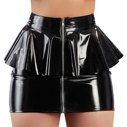 S-XL Sexy Black Red Wet Look PVC Latex Package Hip Pencil Skirt Vinyl Zipper Ruffles Shiny Clubwear Bodycon Mini Skirt