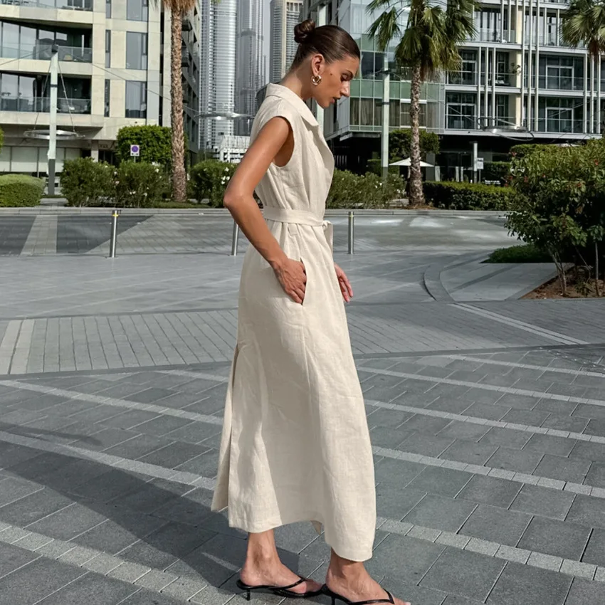 ชุดเดรสยาวผู้หญิงเสื้อชุด Vestidos แขนกุดเปิดลงปก Lace Up เอวแน่น Maxi ชุด 2025 ฤดูร้อน Office Lady A Line