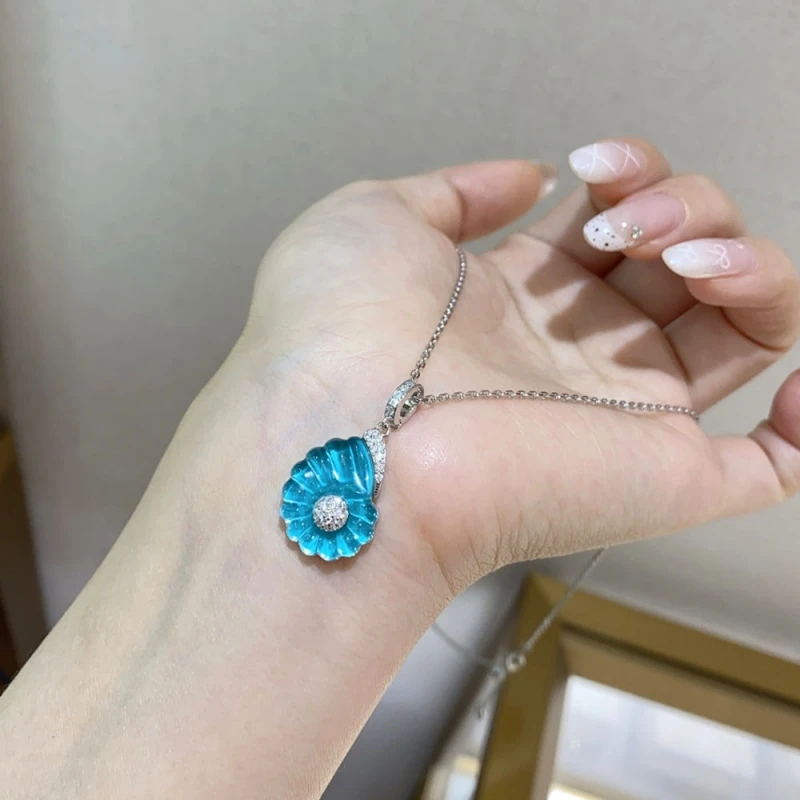 Cameo Ocean Series Blue Conch White Crystal Collarbone Necklace 925 Pure Silver Fashion Synthetic Gemstone Pendant