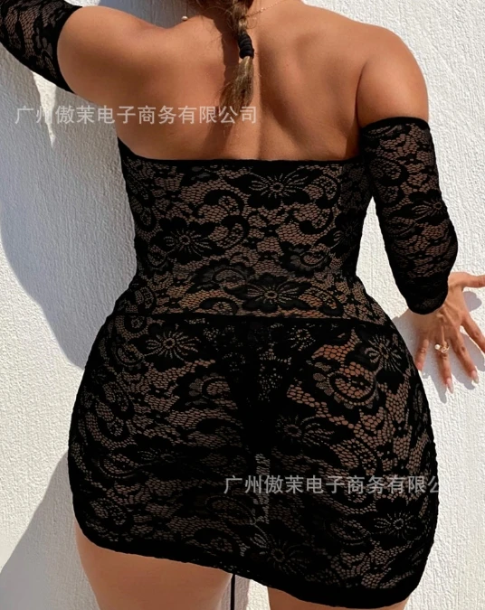 Summer Women's Sexy Underwear Set Solid Color Tight Fitting Lace Cross Hollow Out Long Sleeve Drawstring Lingerie Skirt Set