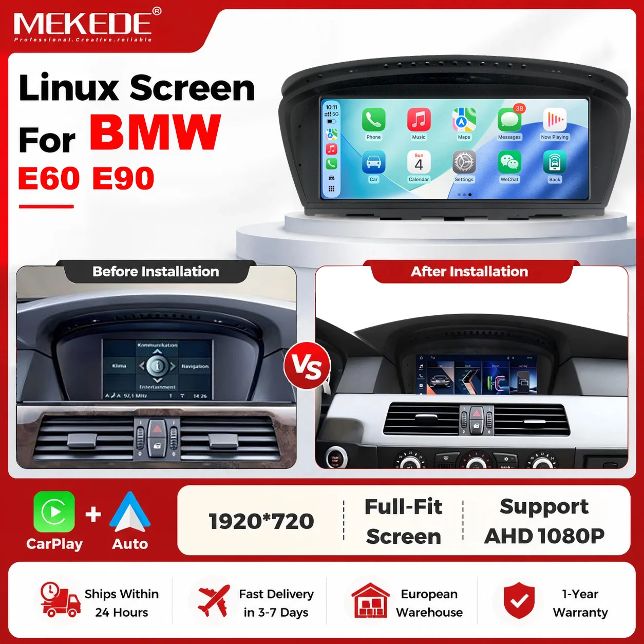 Système audio intelligent pour voiture MEKEDE EU Warehouse Linux Screen, compatible avec BMW Série 5 et 3 (E60, E61, E62, E63, E90, E91, E92, E93), avec écran 8,8 pouces, lecteur multimédia, Carplay sans fil, Android Auto, autoradio 2 Din, Bluetooth, stéréo, unité centrale.