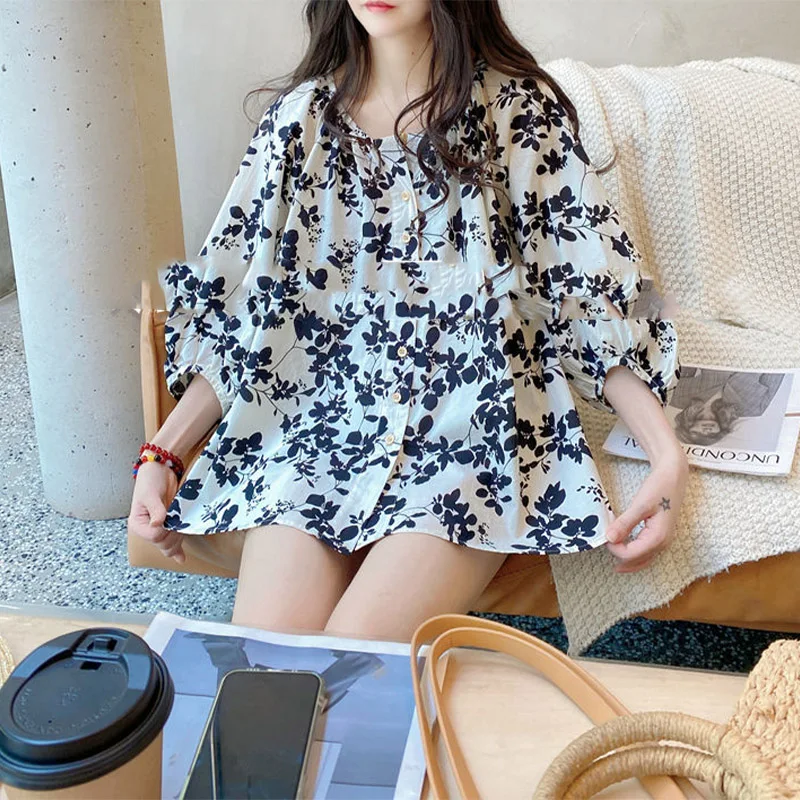 Summer Commuting Korean Edition V-neck Women's Doll Shirt Loose Lantern Sleeves Fragmented Blouse Casual Shirt Top for Women