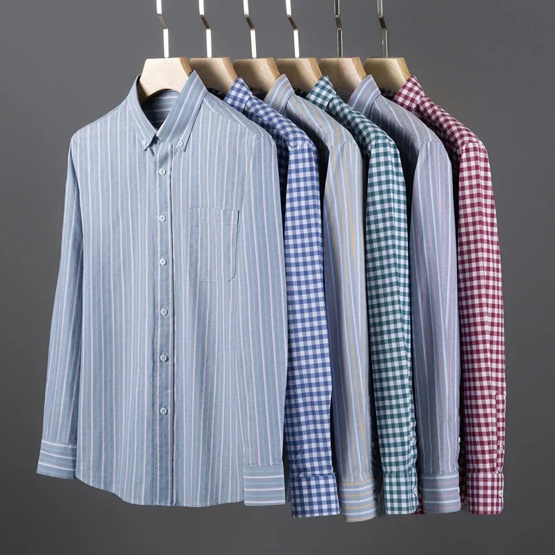 2024 Spring and Autumn 100% Cotton Oxford  Plaid Fashion Stripe Slim Fit Solid Color Business Casual Long Sleeve Men's Shirt