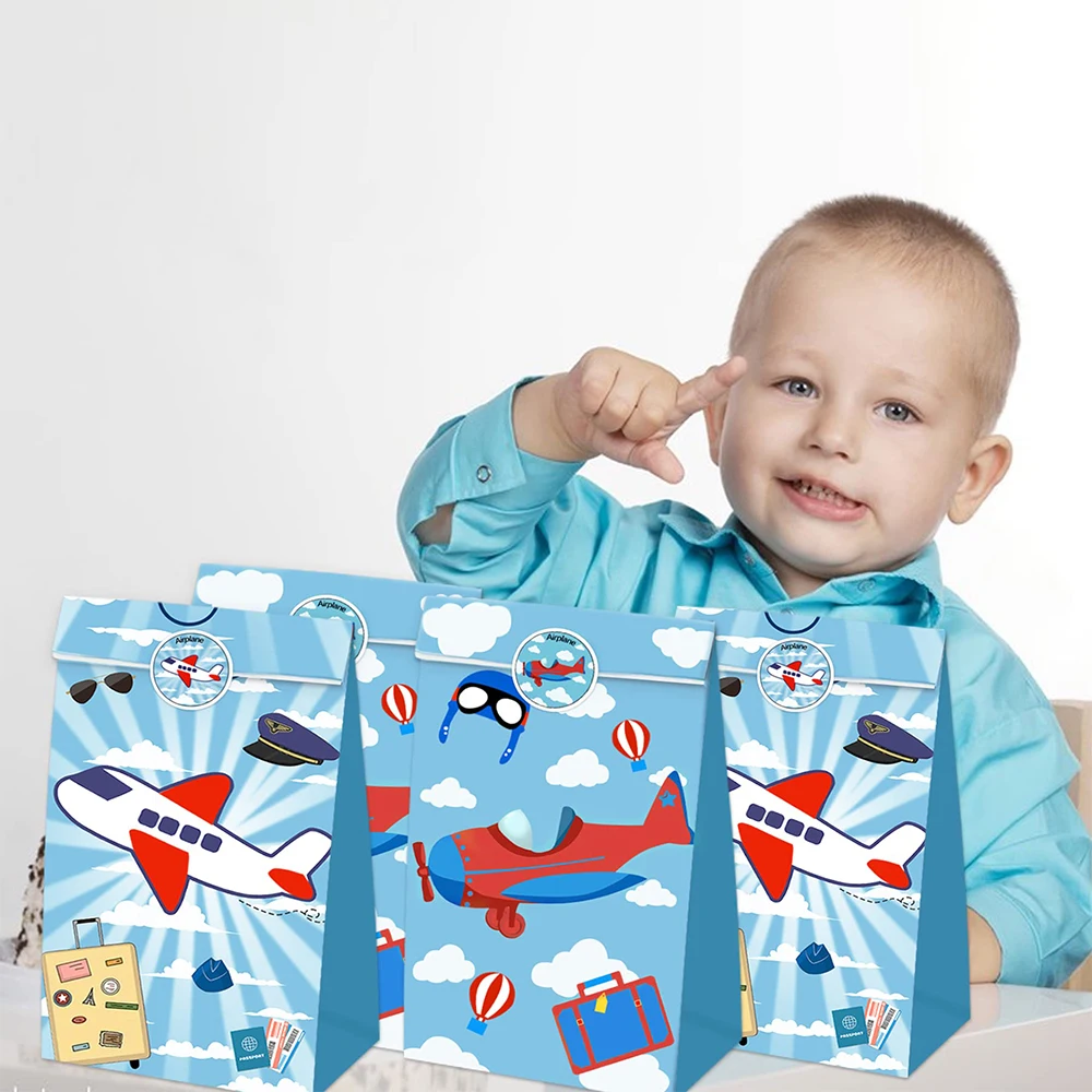 12/24Pcs Airplane Party Favor Bags Gift Goodies Treat Paper Bags With Stickers Kids Boy Flight Aviator Birthday Party Decoration