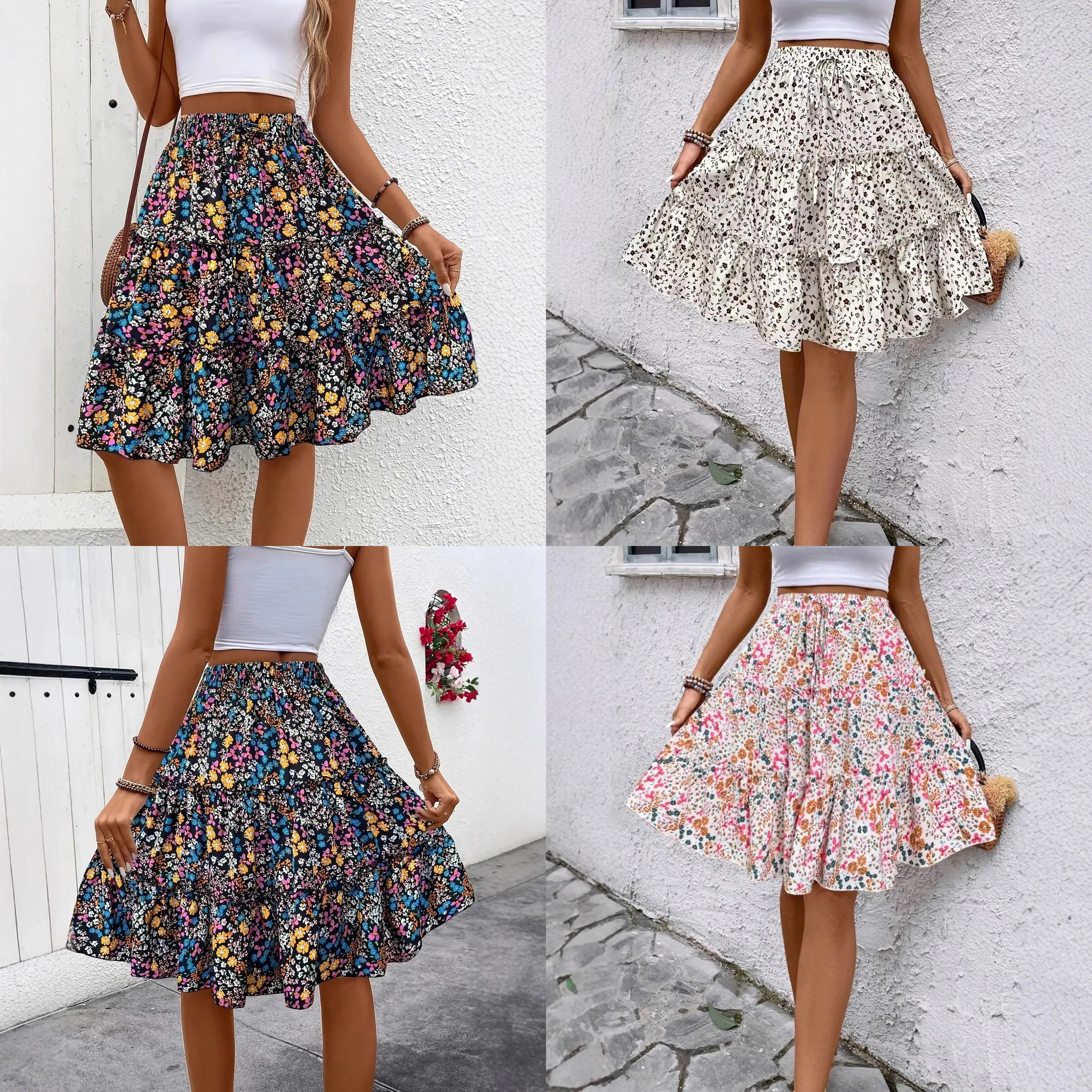 Floral Boho Skirt Summer Spring Women Skirts Tiered Ruffle Hem Bohemian Maxi Skirt Beach Party Matching Set