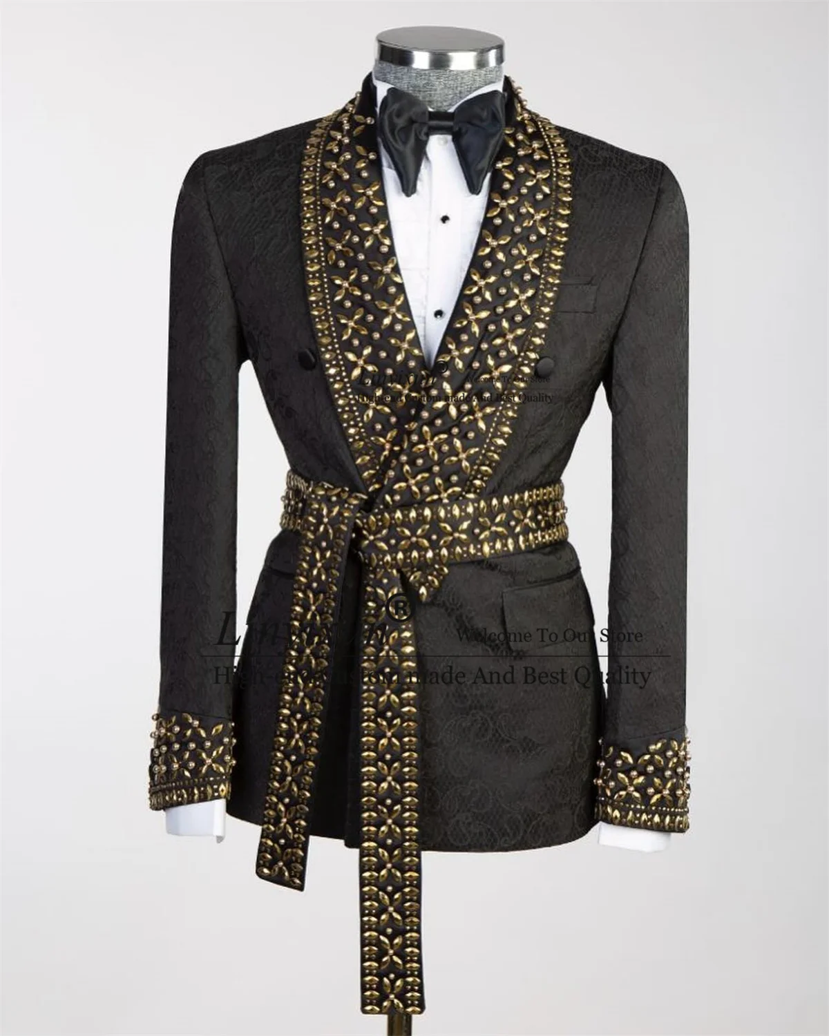 

Customized Belt Tuxedos Men Suits Shawl Lapel Groom Male Party Prom Blazer 2 Pieces Sets Luxury Beaded Crystals Costume Homme