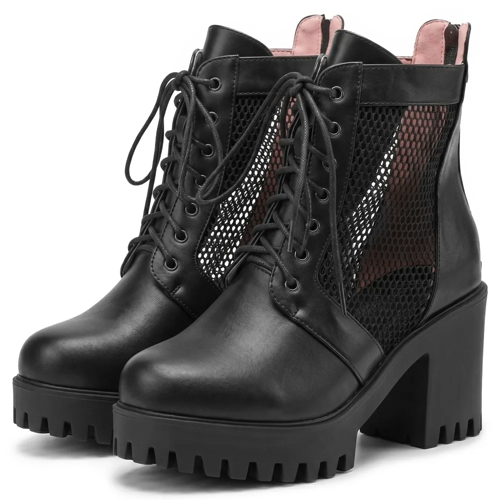 Women's Hollow Mesh Platform Ankle Boots 8CM Block Heel Lace Up Back Zipper Combat Punk Gothic Short Boots Plus Size 33-43 159-2