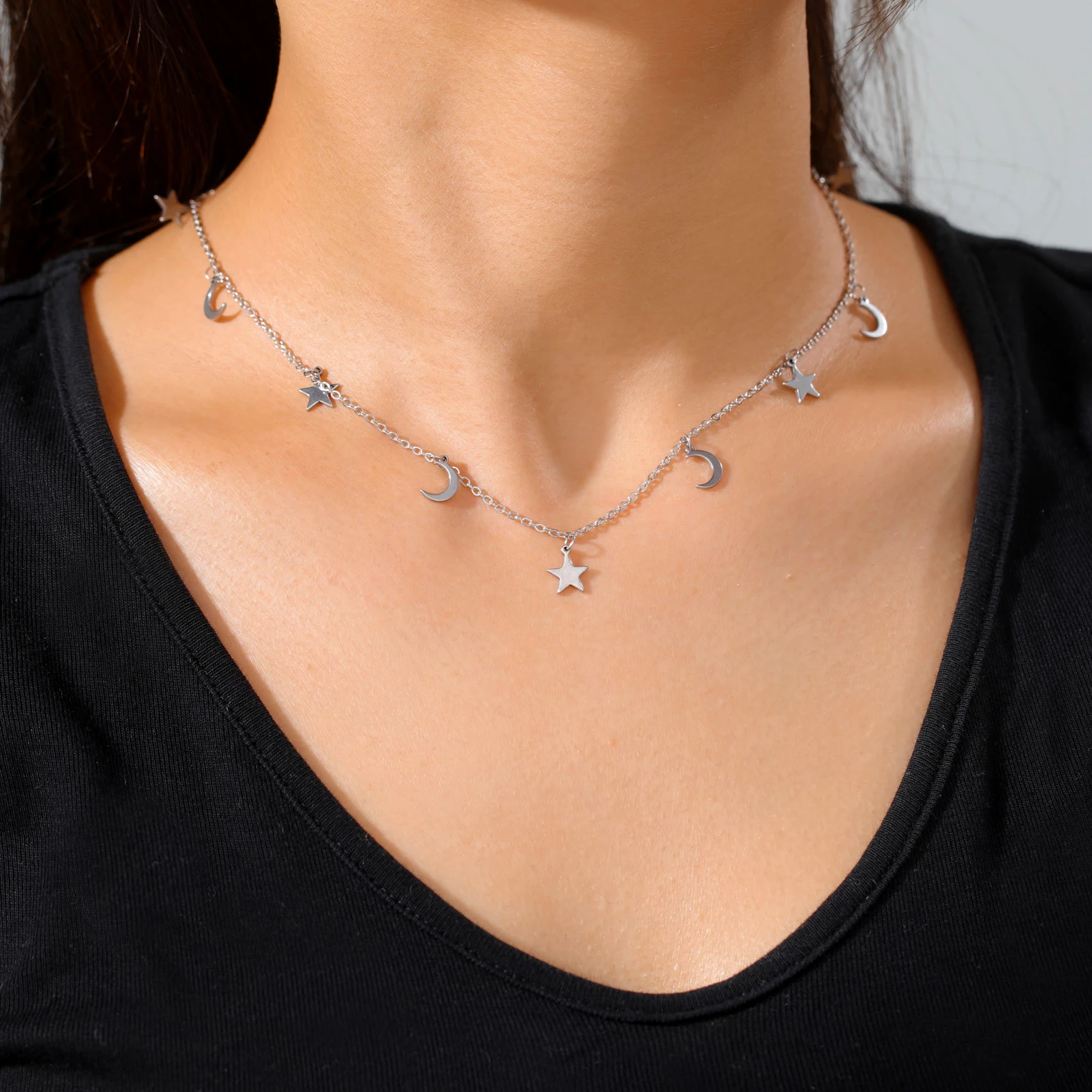 KKjoy Stern-Anhänger-Halskette für Damen, silberfarben, Edelstahlperlen, Doppelketten-Halsbänder, minimalistischer Schmuck, Accessoires, neu – Detail 11