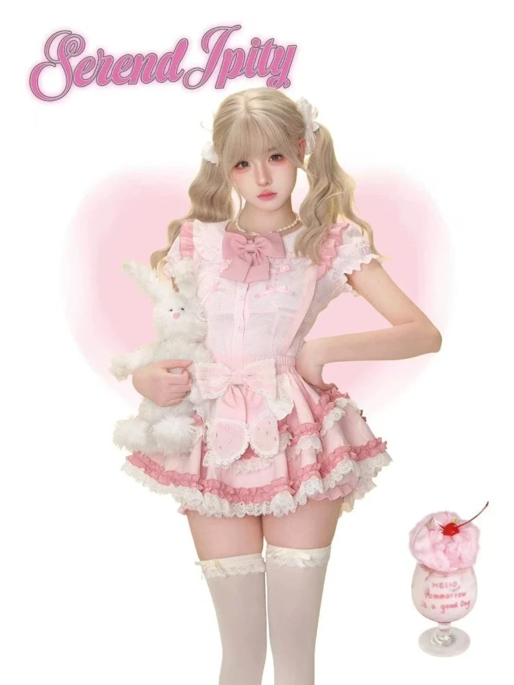 

Летний Y2k Лолита Стиль Kawaii Женский комплект из двух предметов Японская милая принцесса Шикарный розовый бант Мини-юбка Комплект наряд для вечеринки, дня рождения