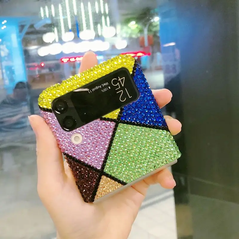 Geometric Color Rhinestone Folding Screen Phone Case for Samsung Galaxy Z Flip Z Flip 4 ZFold 3 ZFold 2 Z Flip 4 Back Cover