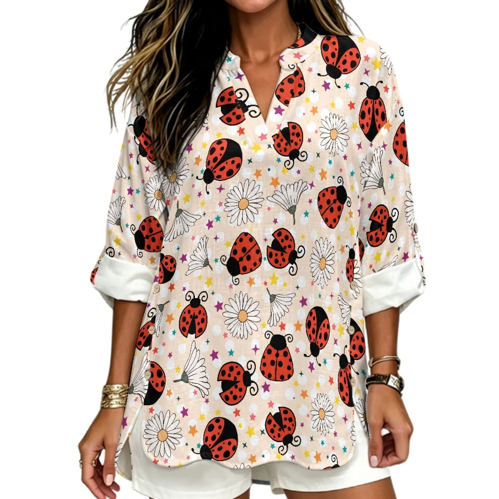 PENSTROLL Ladybug Daisy Linen Like Women's Long Sleeve V-Neck Blouse Casual Fit Casual Blouses for Womens Sizes S-5XL