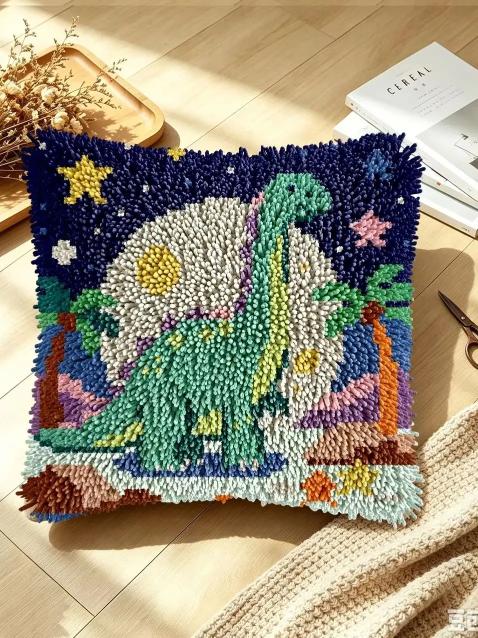 1 Set Weltraum-Dinosaurier-Knoten-Kissen-Set mit Häkelnadeln, Kissenbezug-Set für Handarbeiten, Häkelnadel-Sets, DIY, anfängerfreundlich, Stickerei – Detail 1