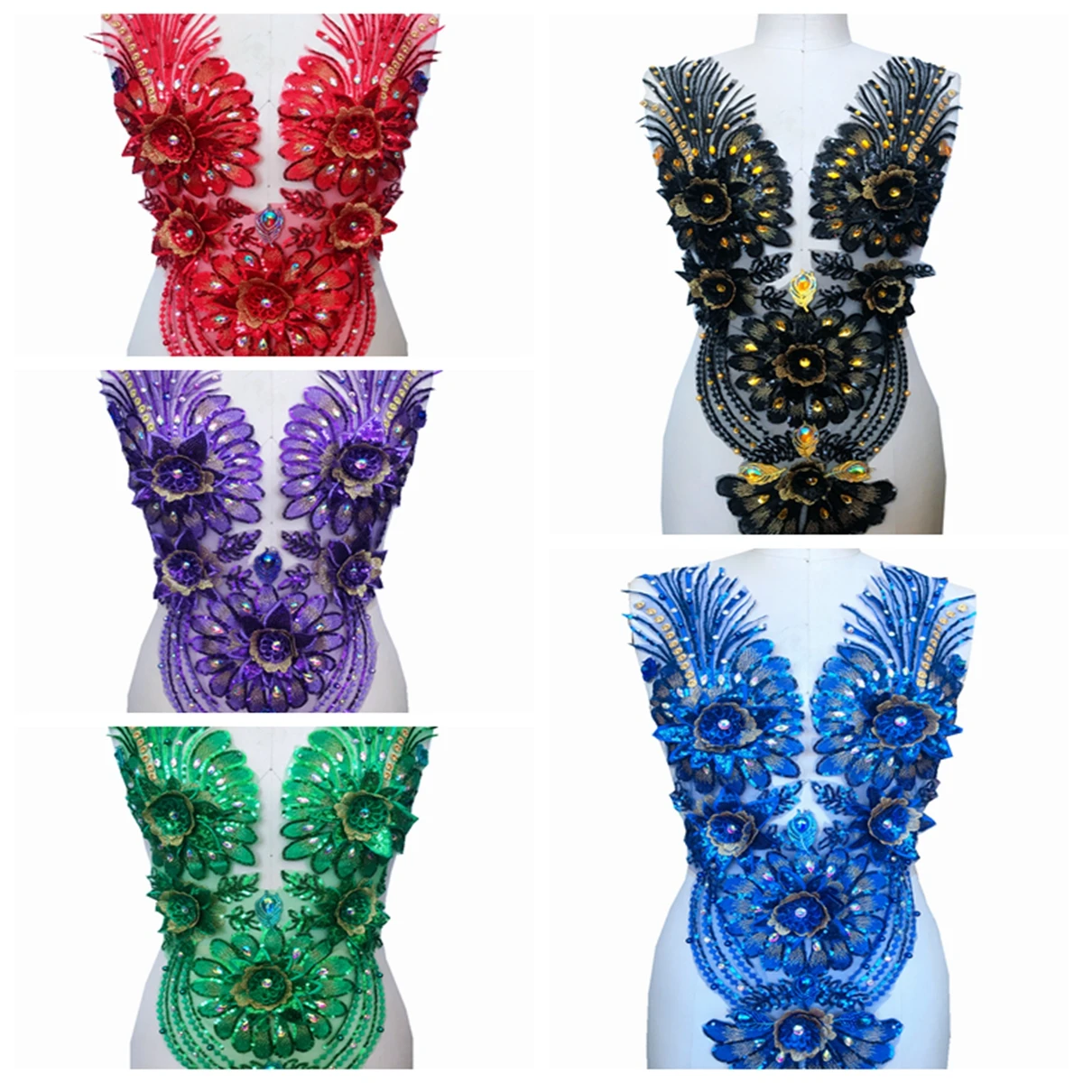 

3D Rhinestone Lace Appliqued for V-Neck Sew-on Iron Sequin Lace Patches Bridal Costume Trims Decorative Embellishments Fabric