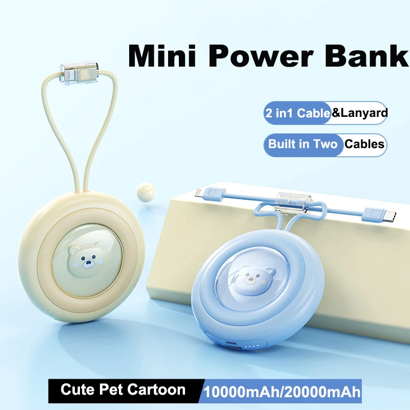 

20000mAh Mini Power Bank Built in Cables Portable Charger Fast Charging External Battery for iPhone 17 Samsung Xiaomi Powerbank