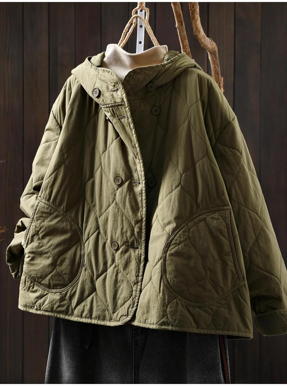 Buste 124 cm puur katoenen gewatteerde jas voor dames Japanse stijl herfst lente jas met capuchon en lange mouwen uitloper