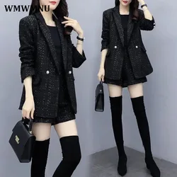 Black Vintage Plaid Tweed Suit Elegant Loose Blazer Jackets And Shorts Set Korean Ensemble Femme 2 Piece Sets Women Outfits