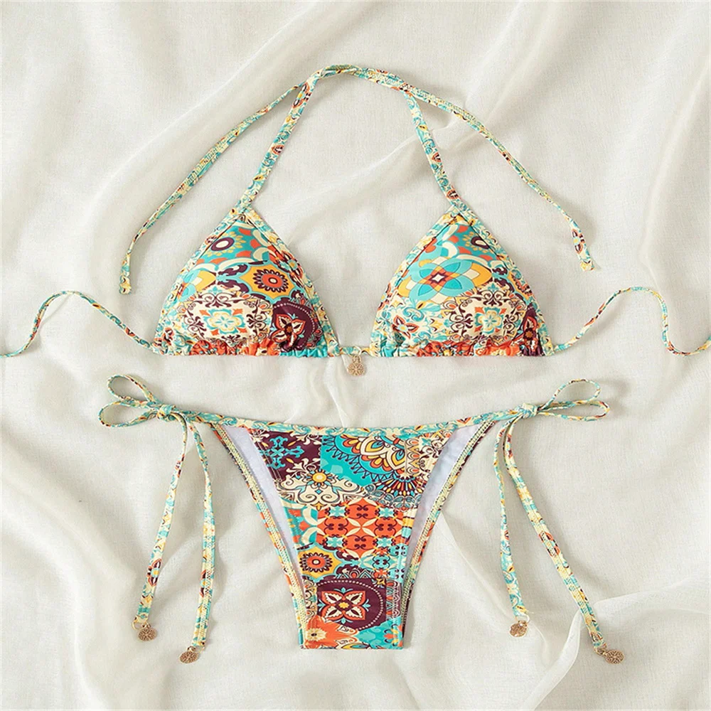 Sexy Boho Print Bikini Halter String Backless Lace Up Y2K Swimsuit Swimwear Vacation Outfit Bathing Suit Women Beach Bikinis Set
