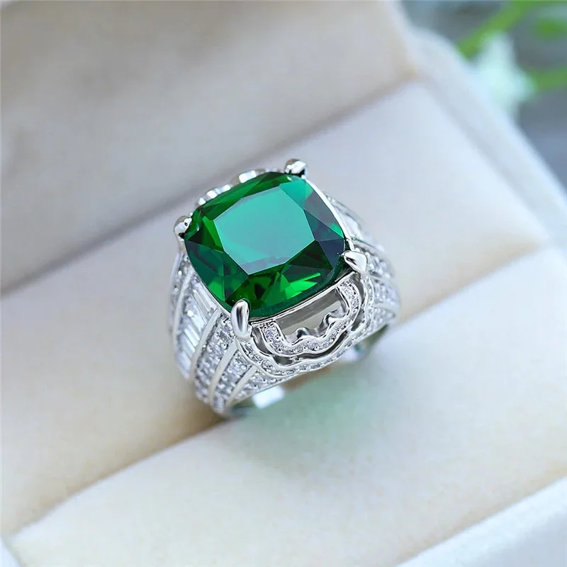 Luxury Shiny Lab  Ring Silver Color Green  Engagement Wedding Rings for Women Men Fine Party Jewelry Gift