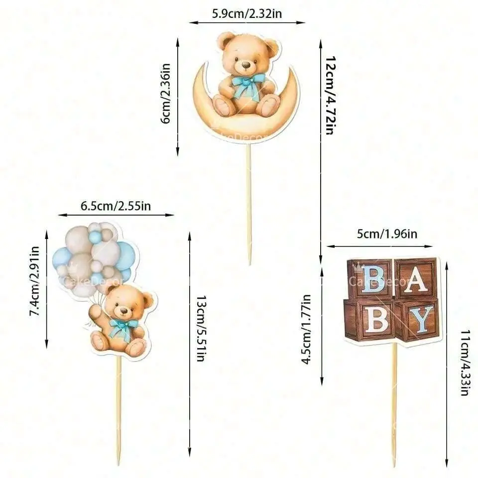 12pcs/24pcs Teddy Bear Cupcake Toppers BABY Block Balloon Cake Picks for BabyShower Gender Reveal Birthday Party Decorations - view 6