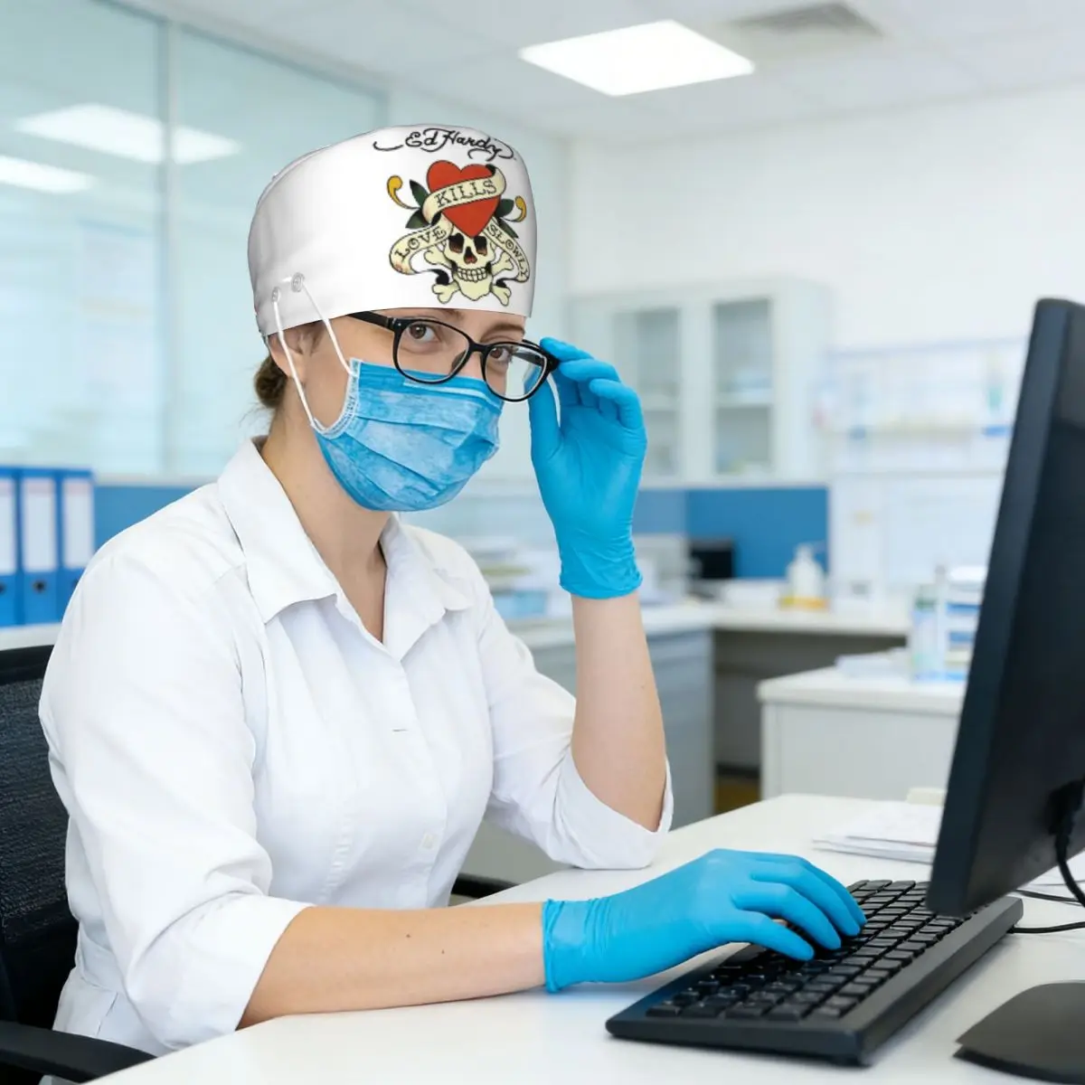 Ed Hardy Love Kills Slowly Scrub Hat Doctor Working Surgical Cap Men Women Adjustable Nursing Caps for Dentist
