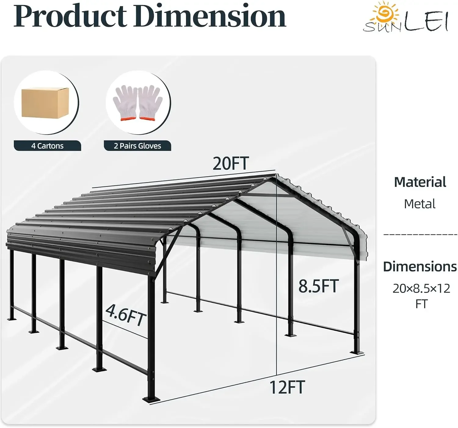 SUNLEI 12X20 FT Carport, Heavy Duty Carport Canopy with Galvanized Steel Roof and Frame, Metal Carport Upgraded Extra Large Gara