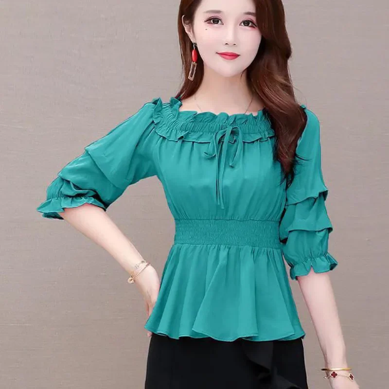 

Elegant Spliced Ruffles Shirring Lace Up Bow Blouse Women's Clothing Summer New Casual Pullovers Loose Slash Neck Shirt L105