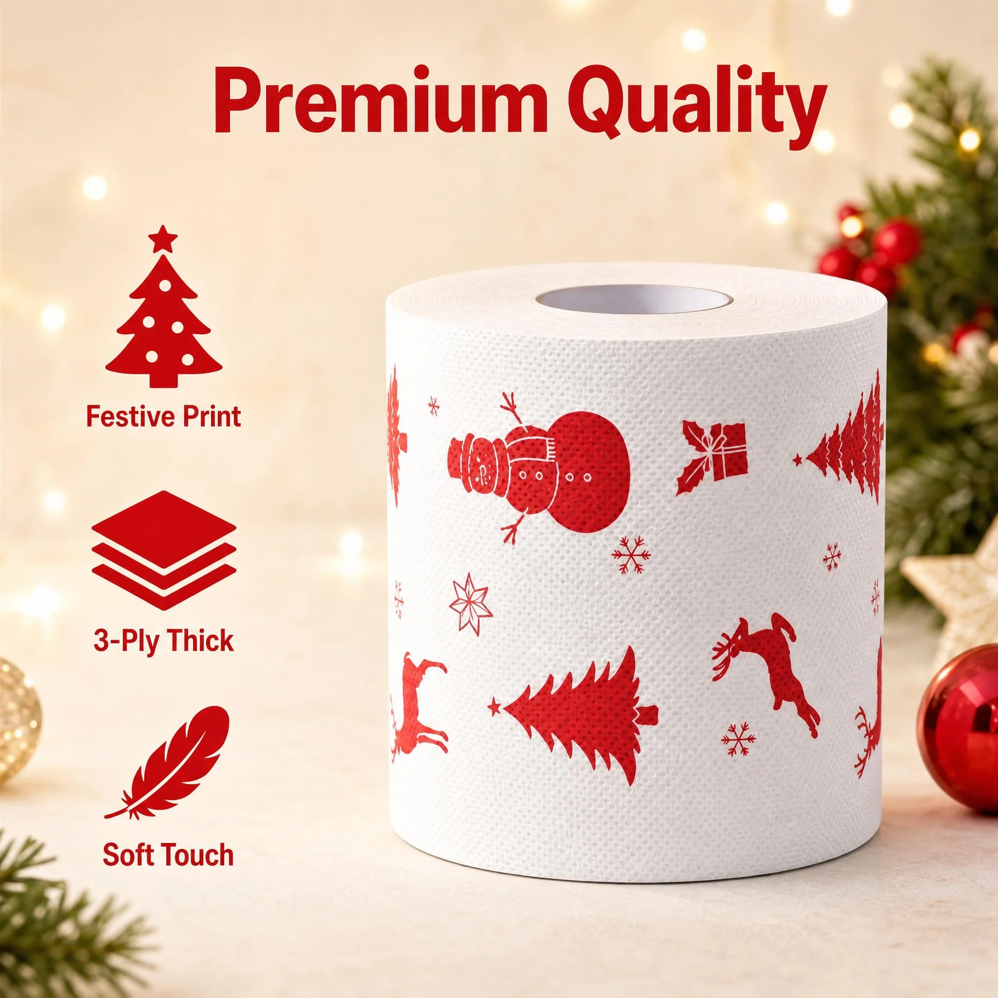 Christmas Printed Toilet Paper, Red Xmas Pattern Tissue Roll with Snowman, Tree, Reindeer, Merry Christmas Holiday Bathroom Deco