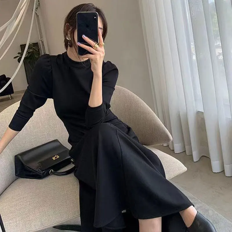Elegant Fashion Harajuku Slim Fit All Match Women\'s Clothing Loose Casual Mid Length Skirt Solid Patchwork Long Sleeve Dresses
