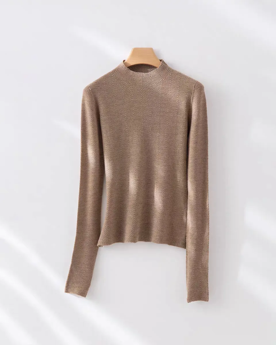 UMI MAO 100% Tops de lana texturizados en espiga medio cuello alto manga larga Jersey de punto suéter mujer Otoño Invierno nuevo