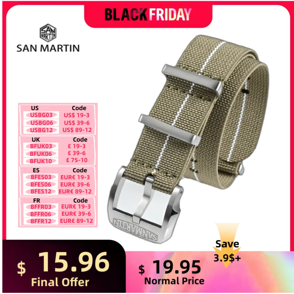 San Martin Elastic 20mm Watch Strap Premium Nylon Watchband Self-Made Logo Buckle Solid Loops Sports High Quality Durable BD0004