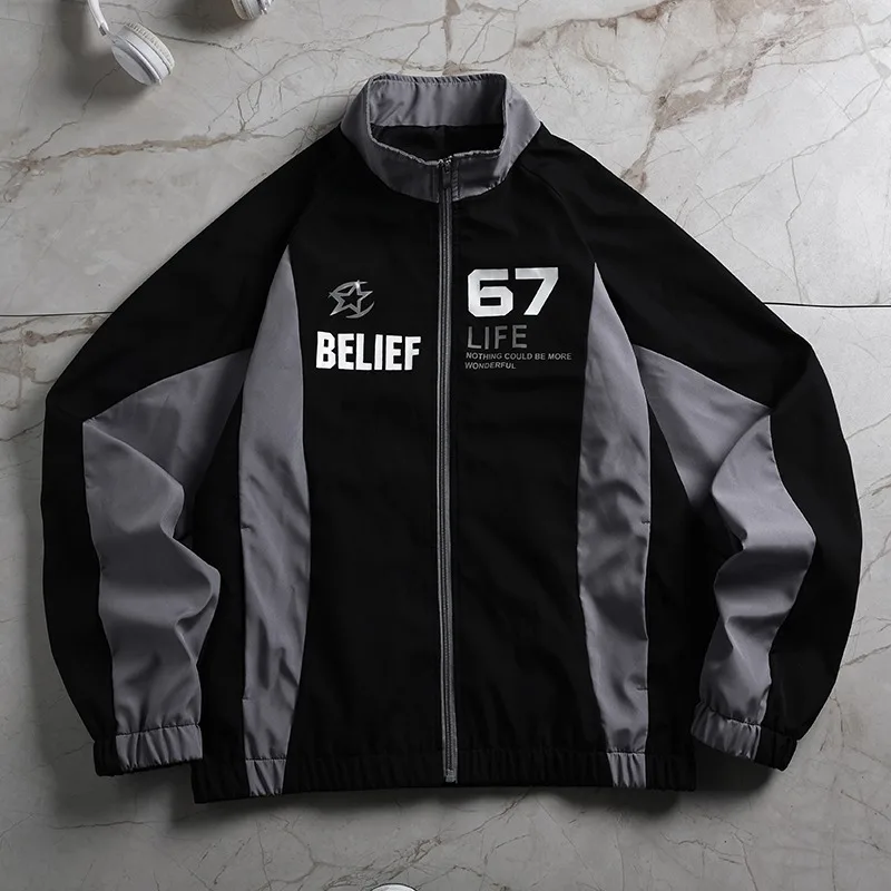 

American Casual Lightweight Bomber Jacket Men Stand Collar Racer Style Letter Print Motorcycle Coat Man For Sports Daily Wear