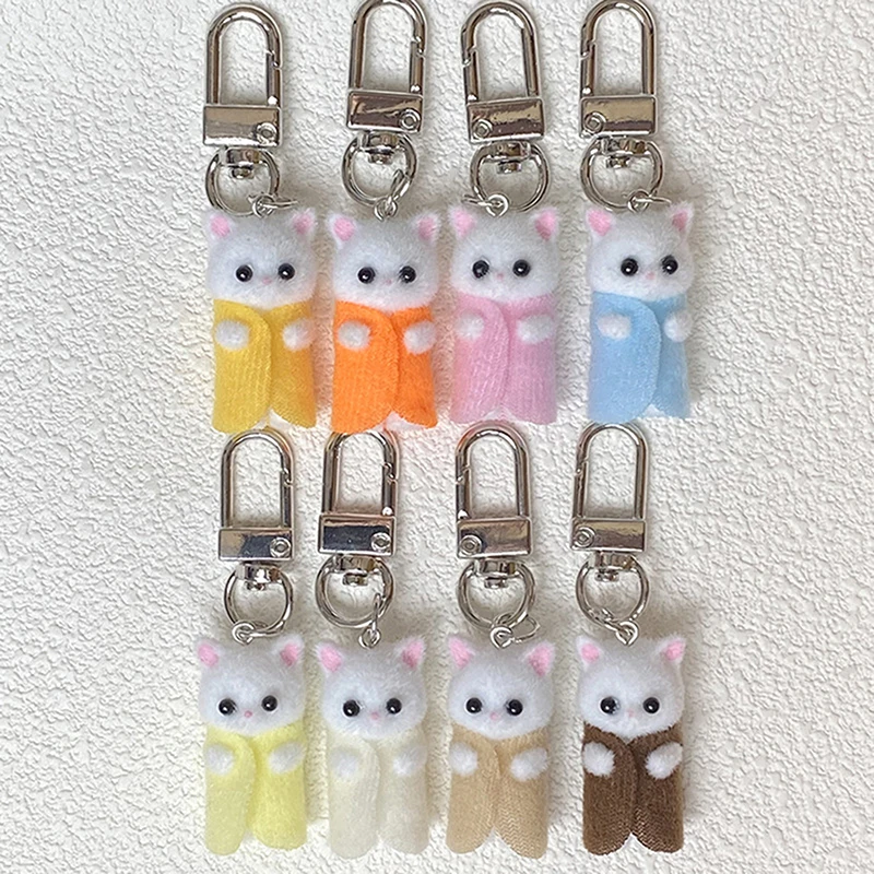 

Cute Flocking Cat Keychain Kawaii 3D Kitten Keyring Car Key Holder School Bag Pendant Earphone Hanging Decoration Gifts