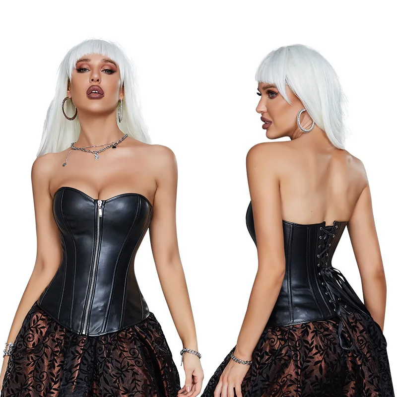 Classic Faux Leather Overbust Corset Top with Zip Women Gothic Steampunk Waist Trainer Bustier Vintage Corselet Sexy Clubwear