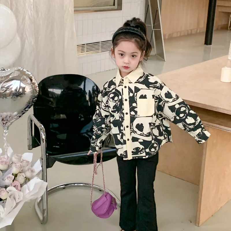 

Girls' shirt Korean version 2024 autumn new panda long sleeved comfortable trendy round neck