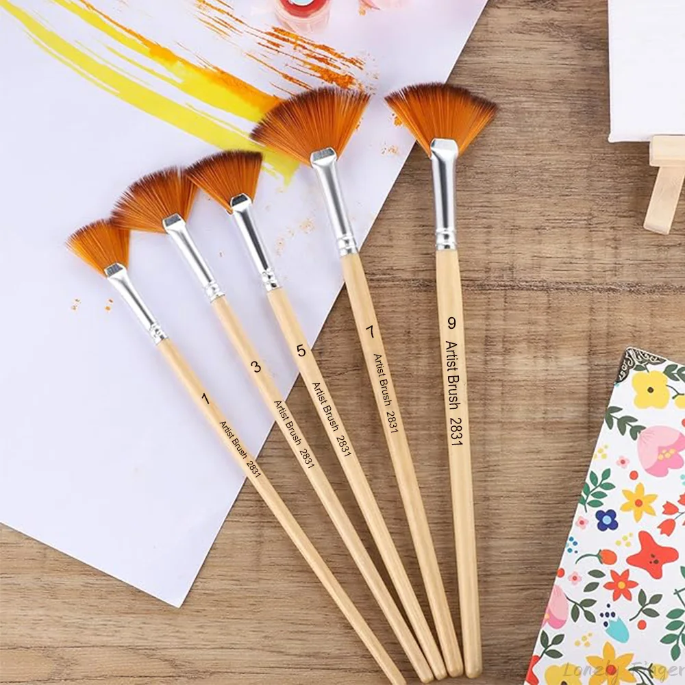 5/10 Pcs Artist Fan Nylon Paint Brushes Set,Professional Soft for Acrylic Oil Watercolor Gouache Painting Kits with Wood Handle