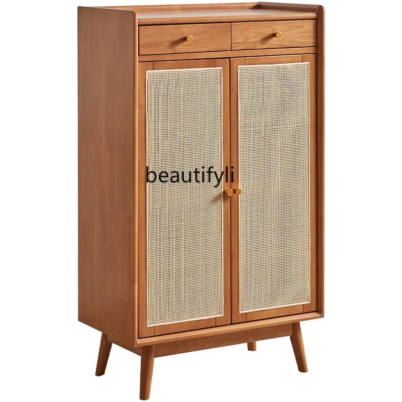 

Solid Wood Rattan Shoe Cabinet Door Storage Shoe Rack Nordic Entrance Hall Cabinet Dustproof Shoe Cabinet